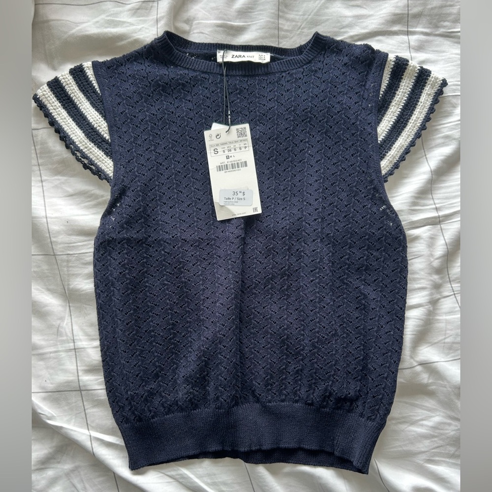 BNWT Zara Navy Knit Top with Striped Sleeves